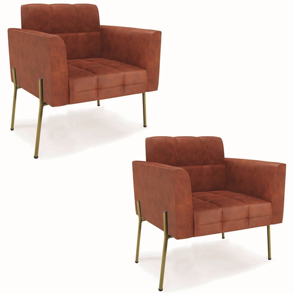 Poltrona Sala Pé Metal Dourado Kit 2 Ana Sintético PU Nozes - Ibiza