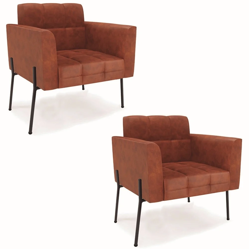 Poltrona Sala Pé Metal Preto Kit 2 Ana Sintético PU Nozes - Ibiza