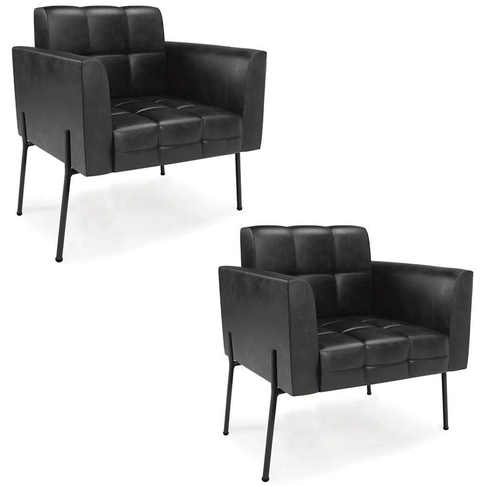 Poltrona Sala Pé Metal Preto Kit 2 Ana Sintético PU Preto - Ibiza