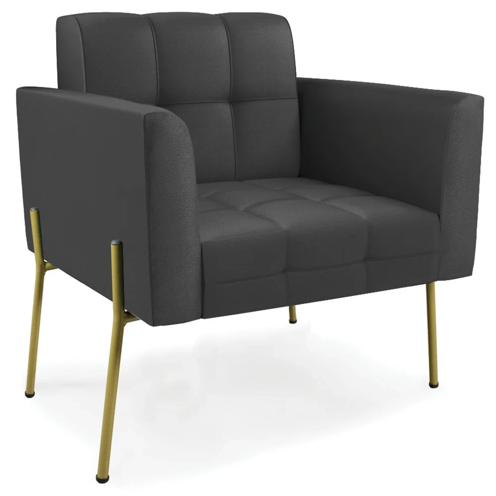 Poltrona Para Sala Pés Metálicos Dourado Ana Sintético Preto - Ibiza