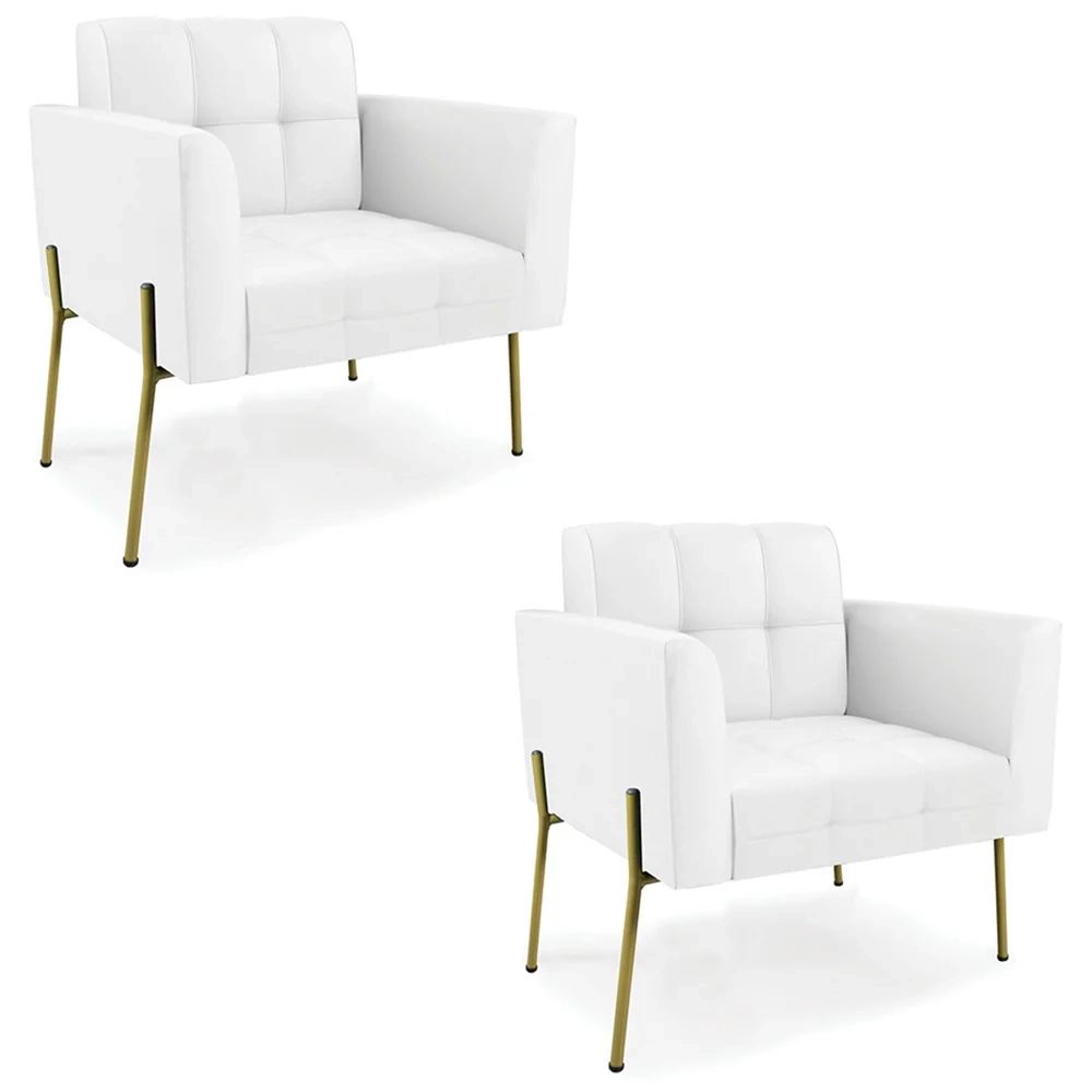 Poltrona Sala Pé Metal Dourado Kit 2 Ana Sintético Branco - Ibiza