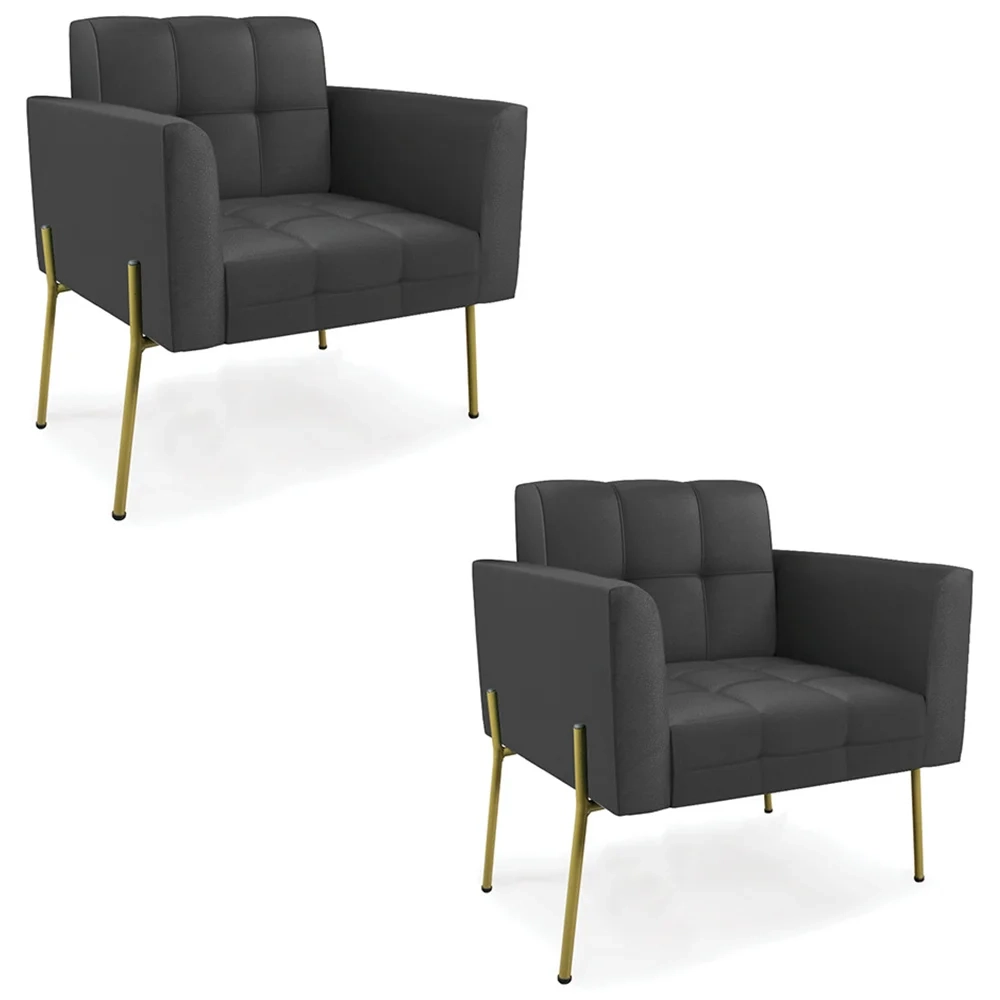 Poltrona Sala Pé Metal Dourado Kit 2 Ana Sintético Preto - Ibiza