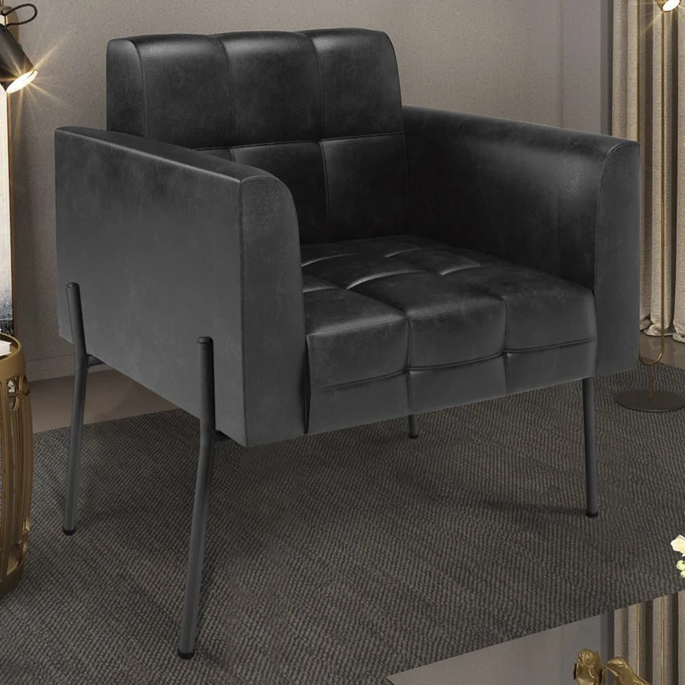 Poltrona Para Sala Pés Metálicos Preto Ana Sintético Preto - Ibiza