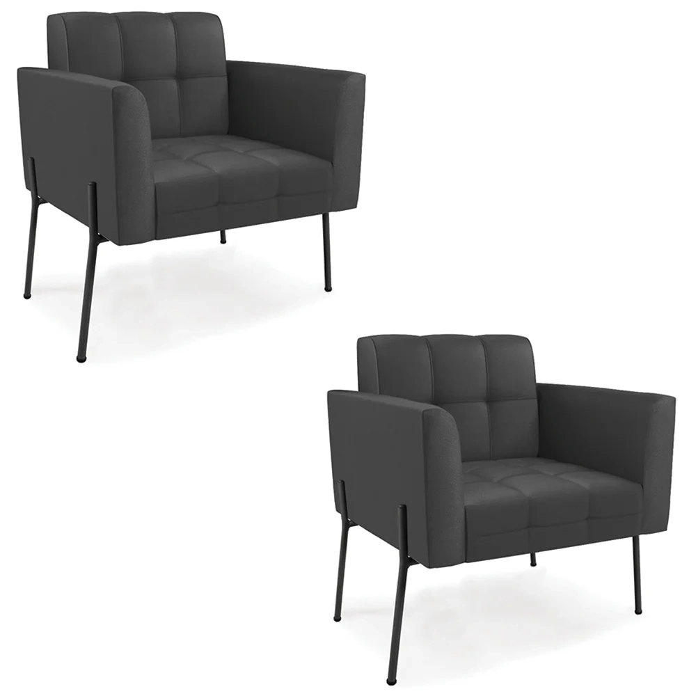 Poltrona Sala Pé Metal Preto Kit 2 Ana Sintético Preto - Ibiza