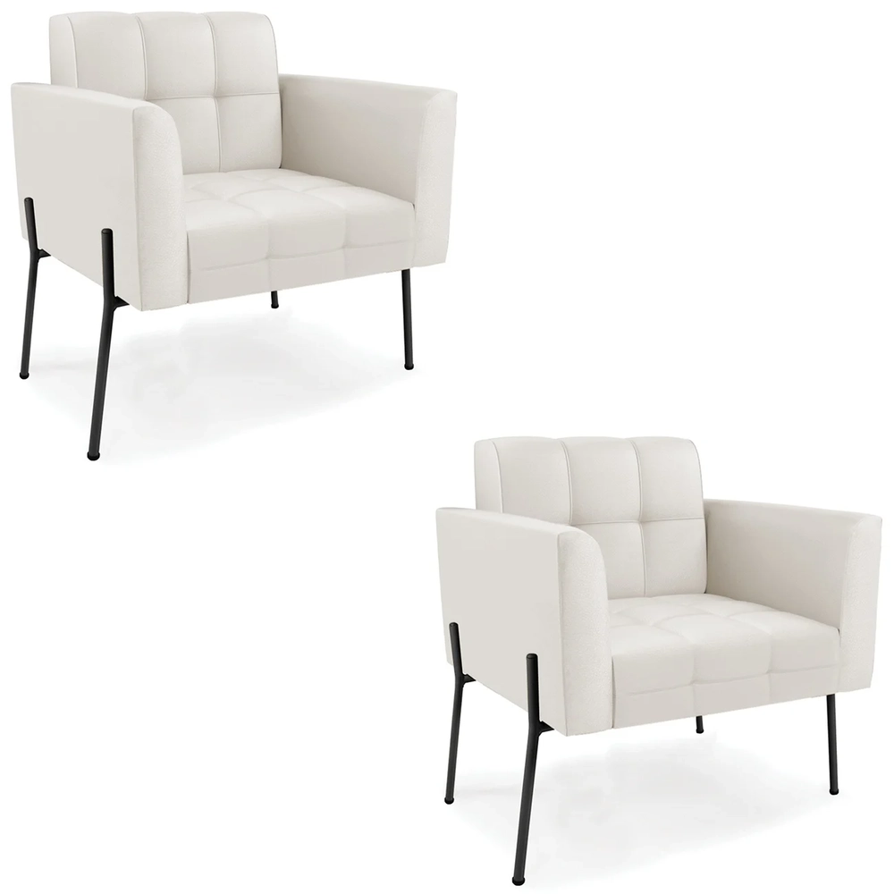 Poltrona Sala Pé Metal Preto Kit 2 Ana Sintético Bege - Ibiza