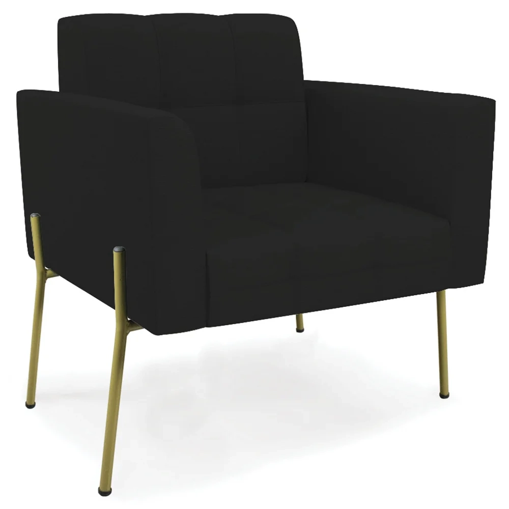 Poltrona Para Sala Pés Metálicos Dourado Ana Linho Preto - Ibiza