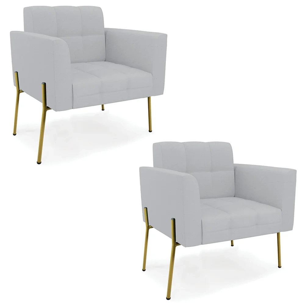 Poltrona Para Sala Pé Metal Dourado Kit 2 Ana Linho Cinza - Ibiza