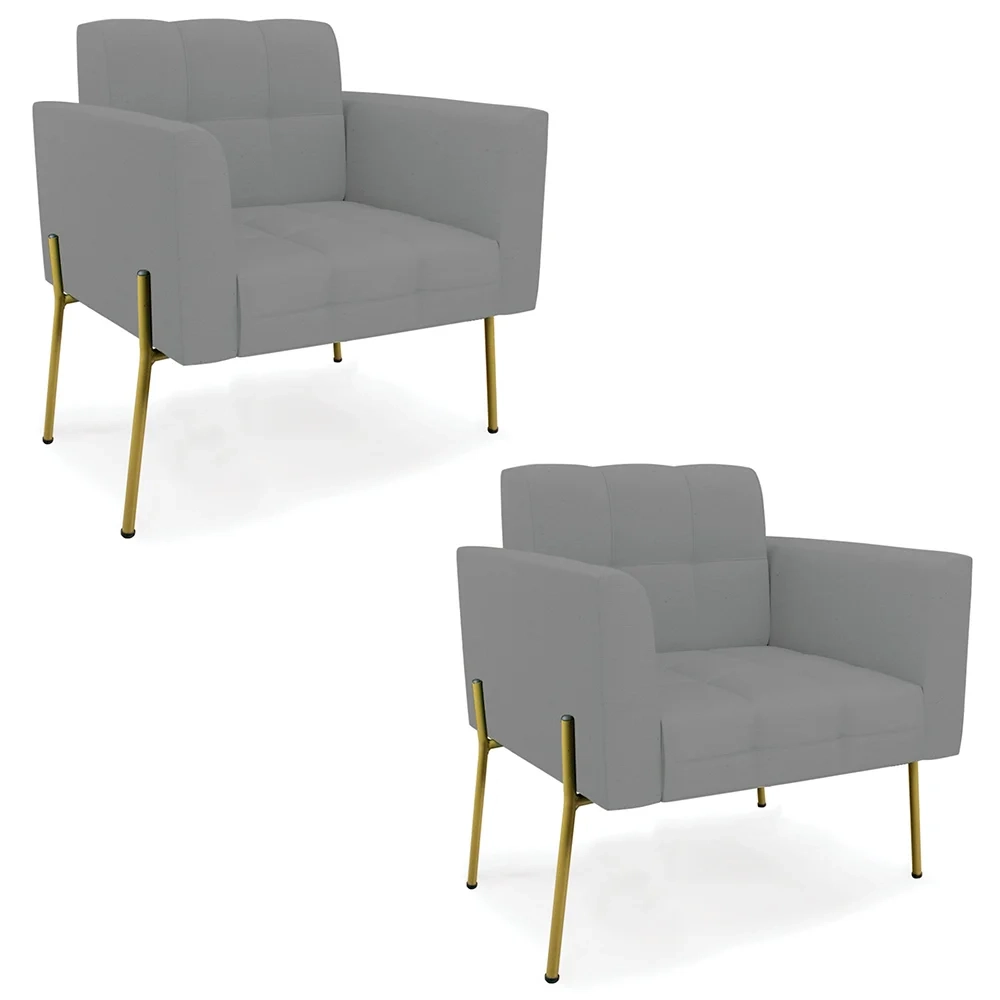 Poltrona Para Sala Pé Metal Dourado Kit 2 Ana Linho Grafite - Ibiza