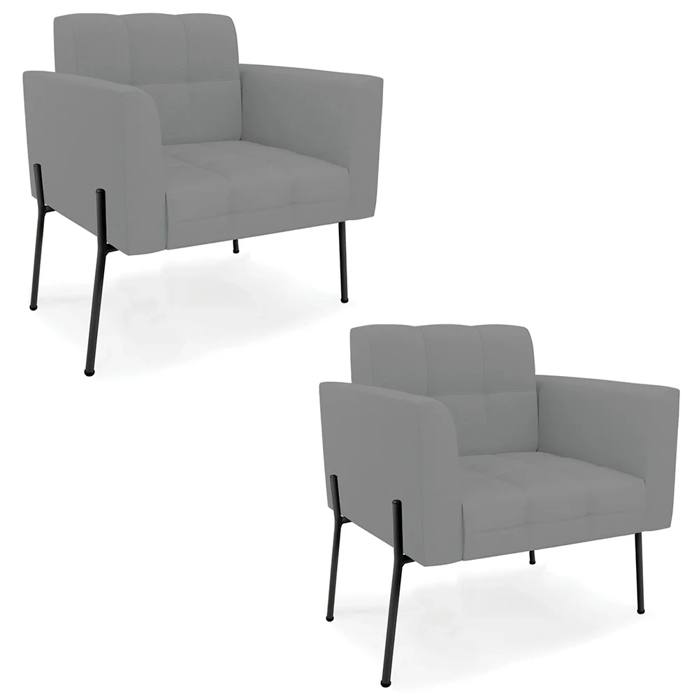 Poltrona Para Sala Pé Metal Preto Kit 2 Ana Linho Grafite - Ibiza