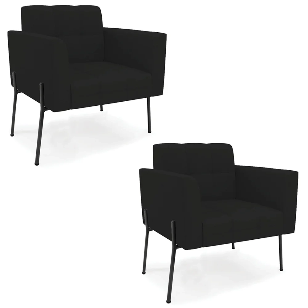 Poltrona Para Sala Pé Metal Preto Kit 2 Ana Linho Preto - Ibiza