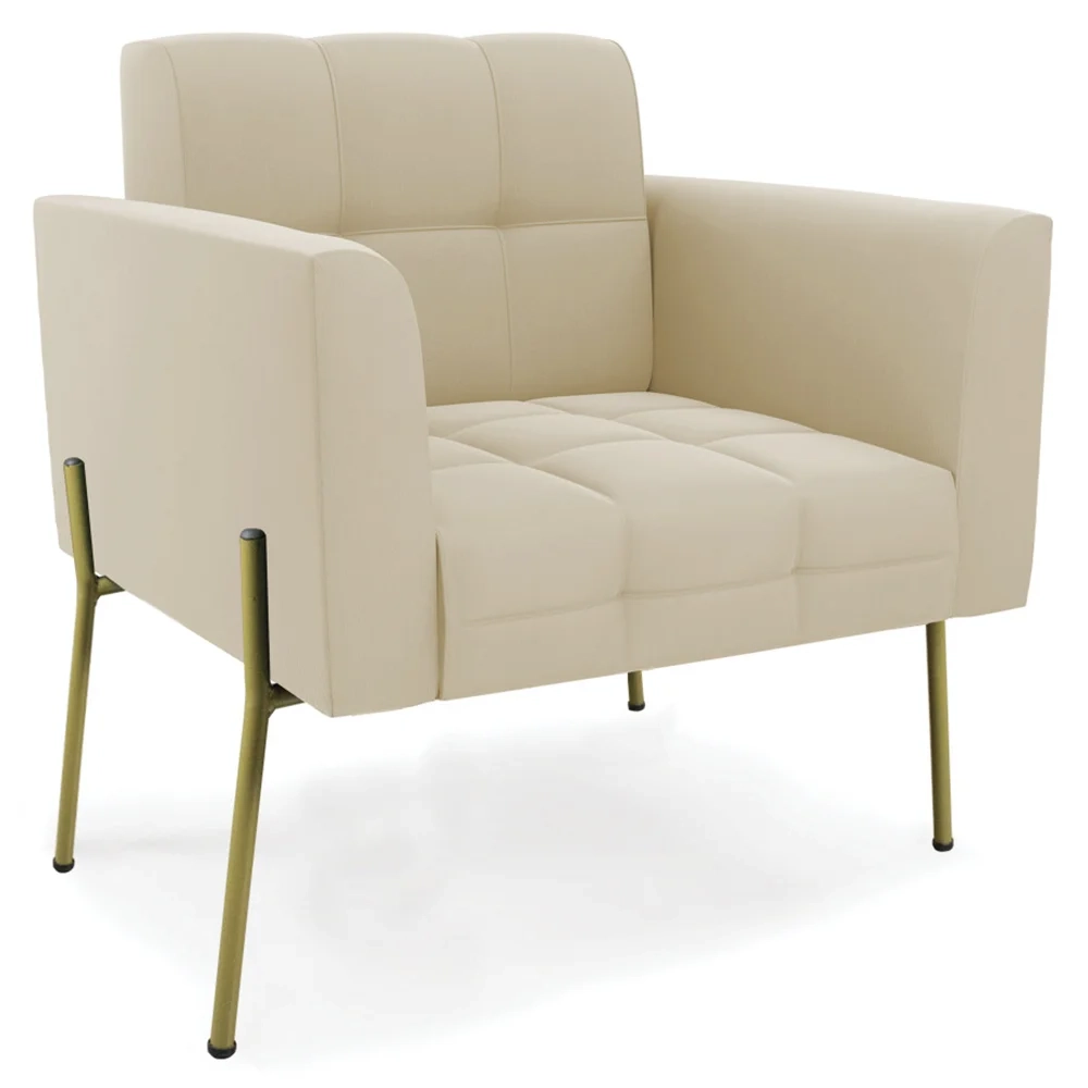 Poltrona Sala Pés Metálicos Dourado Ana Suede Bege - Ibiza