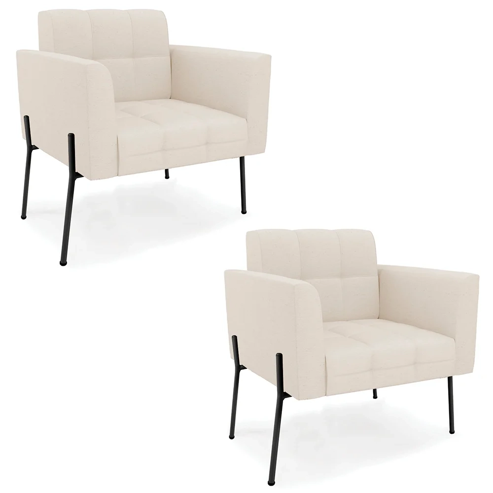 Poltrona Para Sala Pé Metal Preto Kit 2 Ana Linho Bege - Ibiza