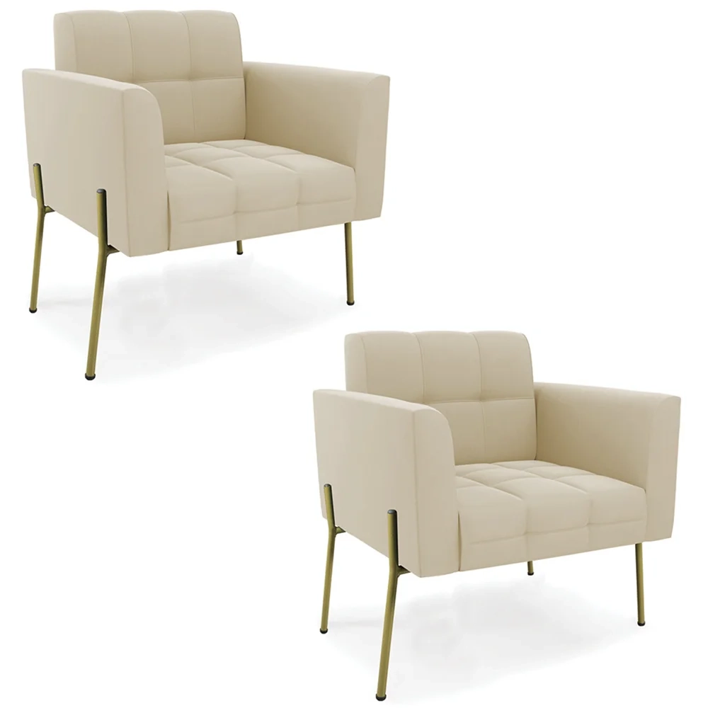 Poltrona Para Sala Pé Metal Dourado Kit 2 Ana Suede Bege - Ibiza