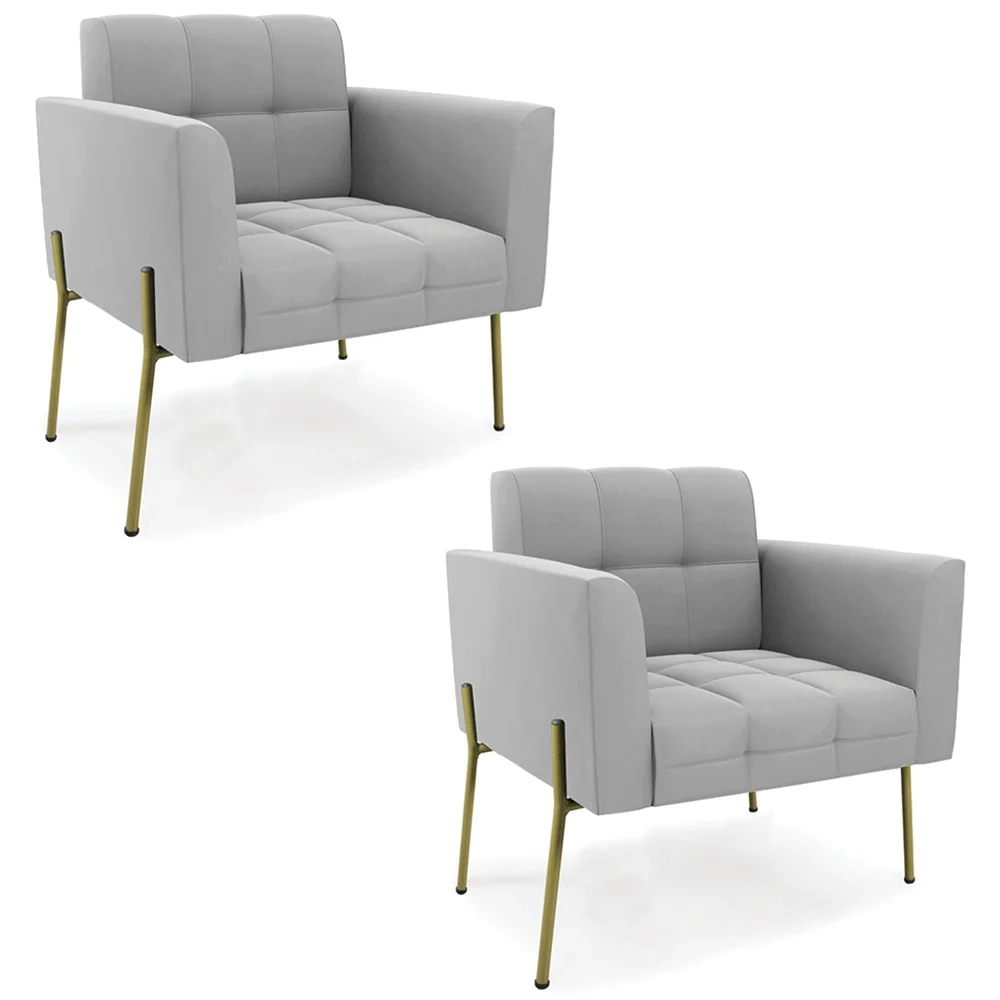 Poltrona Para Sala Pé Metal Dourado Kit 2 Ana Suede Cinza - Ibiza