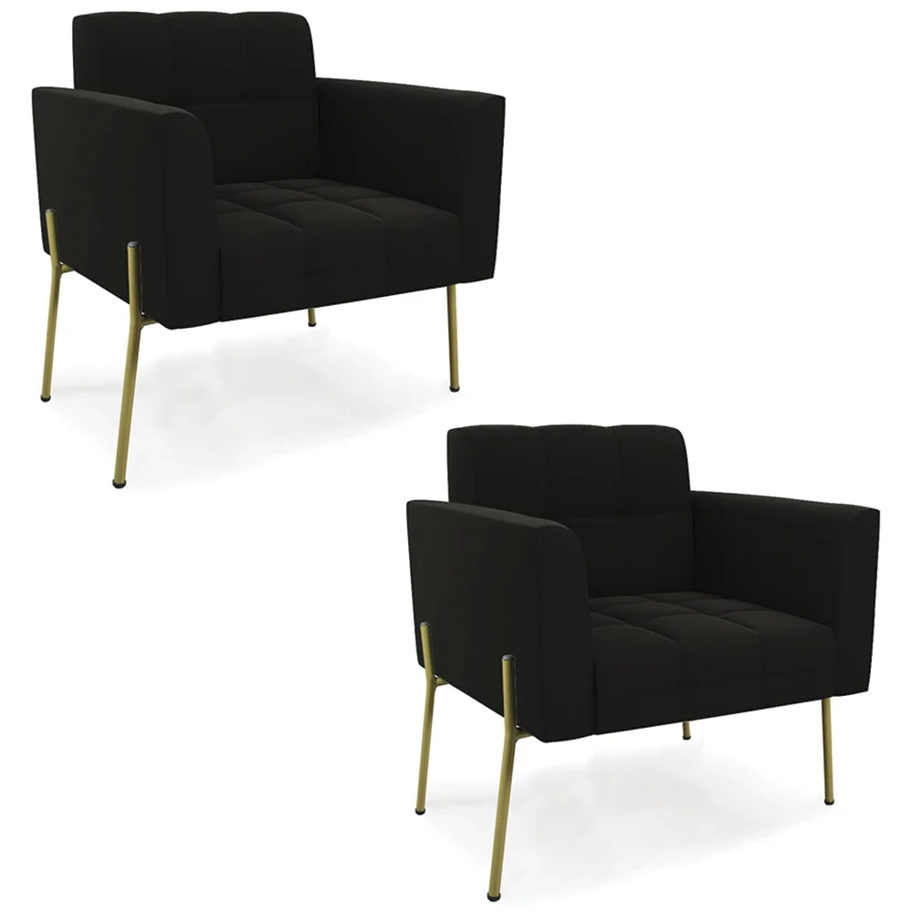 Poltrona Para Sala Pé Metal Dourado Kit 2 Ana Suede Preto - Ibiza