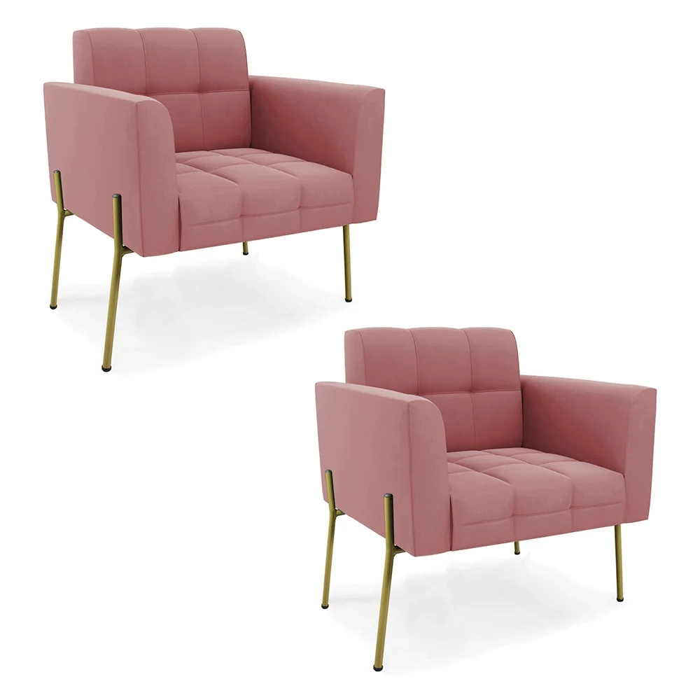 Poltrona Para Sala Pé Metal Dourado Kit 2 Ana Suede Rosê - Ibiza