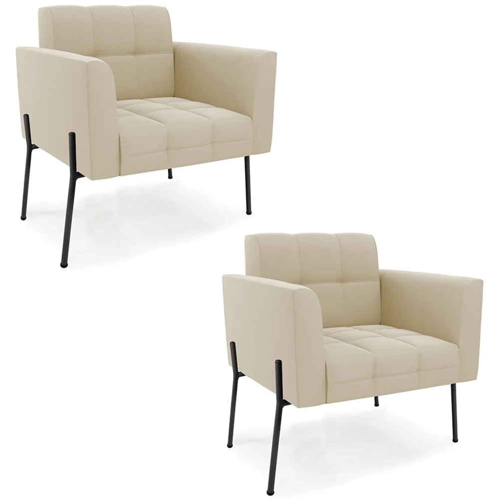 Poltrona Para Sala Pé Metal Preto Kit 2 Ana Suede Bege - Ibiza