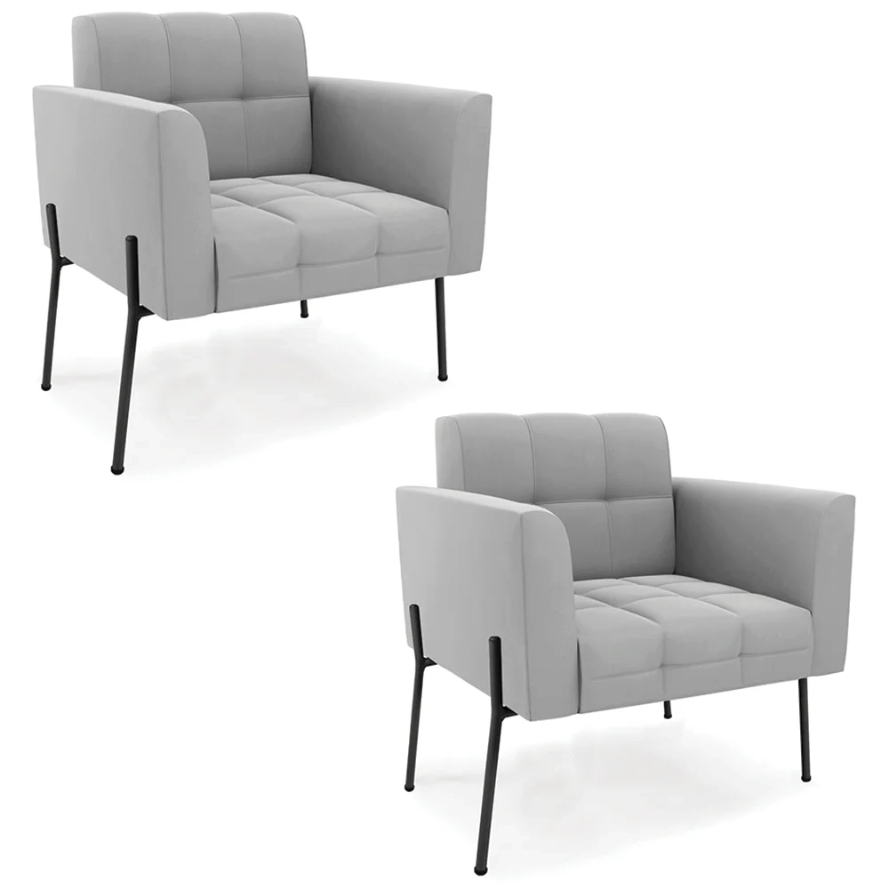 Poltrona Para Sala Pé Metal Preto Kit 2 Ana Suede Cinza - Ibiza