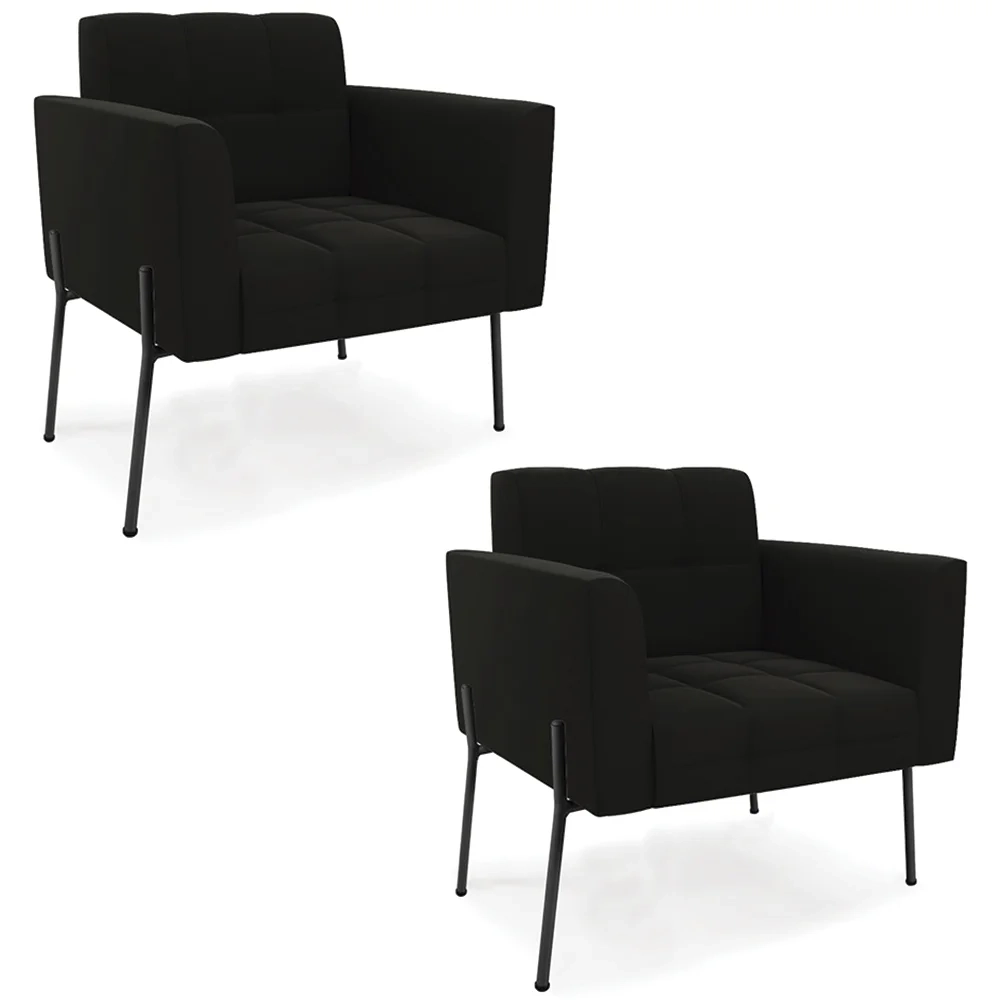 Poltrona Para Sala Pé Metal Preto Kit 2 Ana Suede Preto - Ibiza