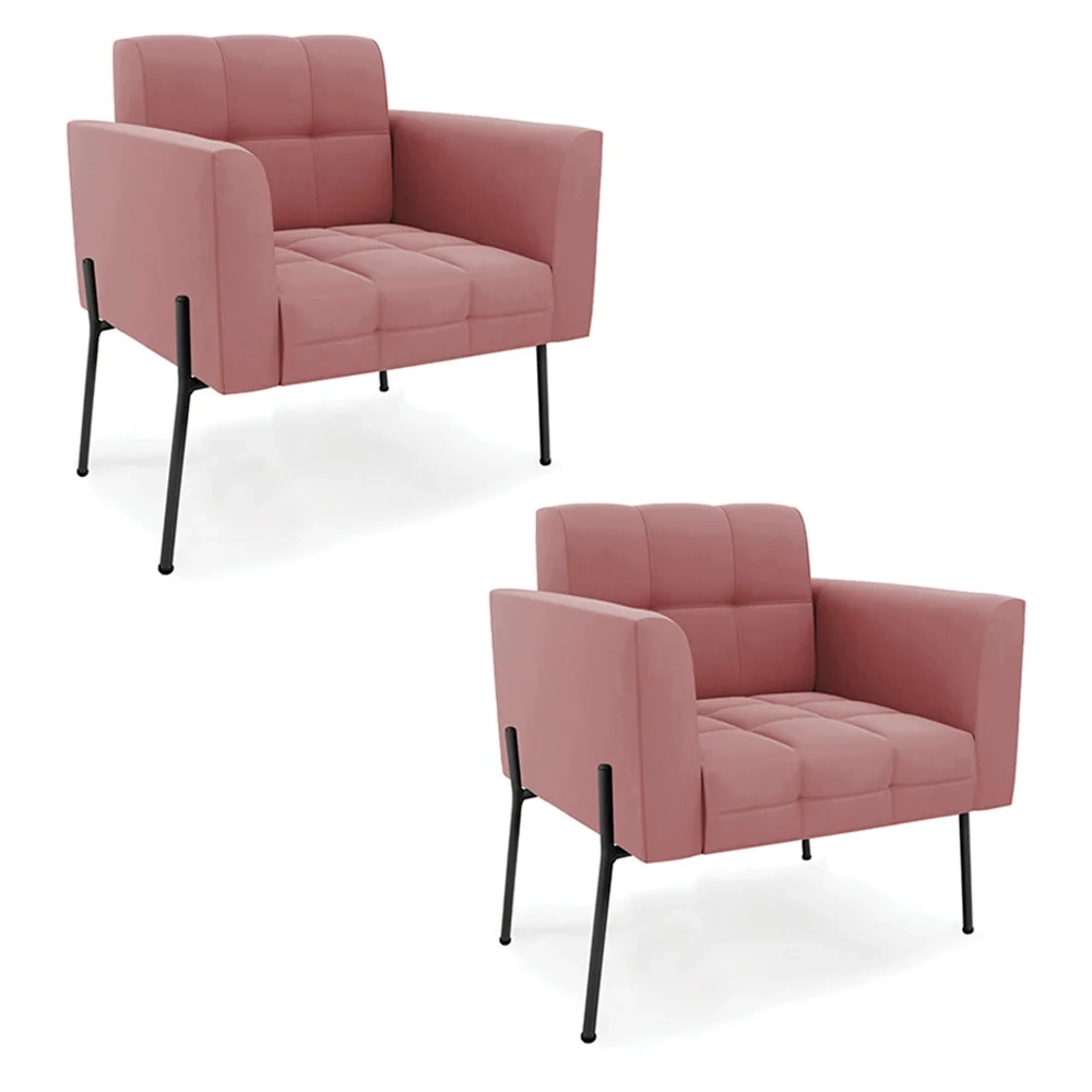 Poltrona Para Sala Pé Metal Preto Kit 2 Ana Suede Rosê - Ibiza