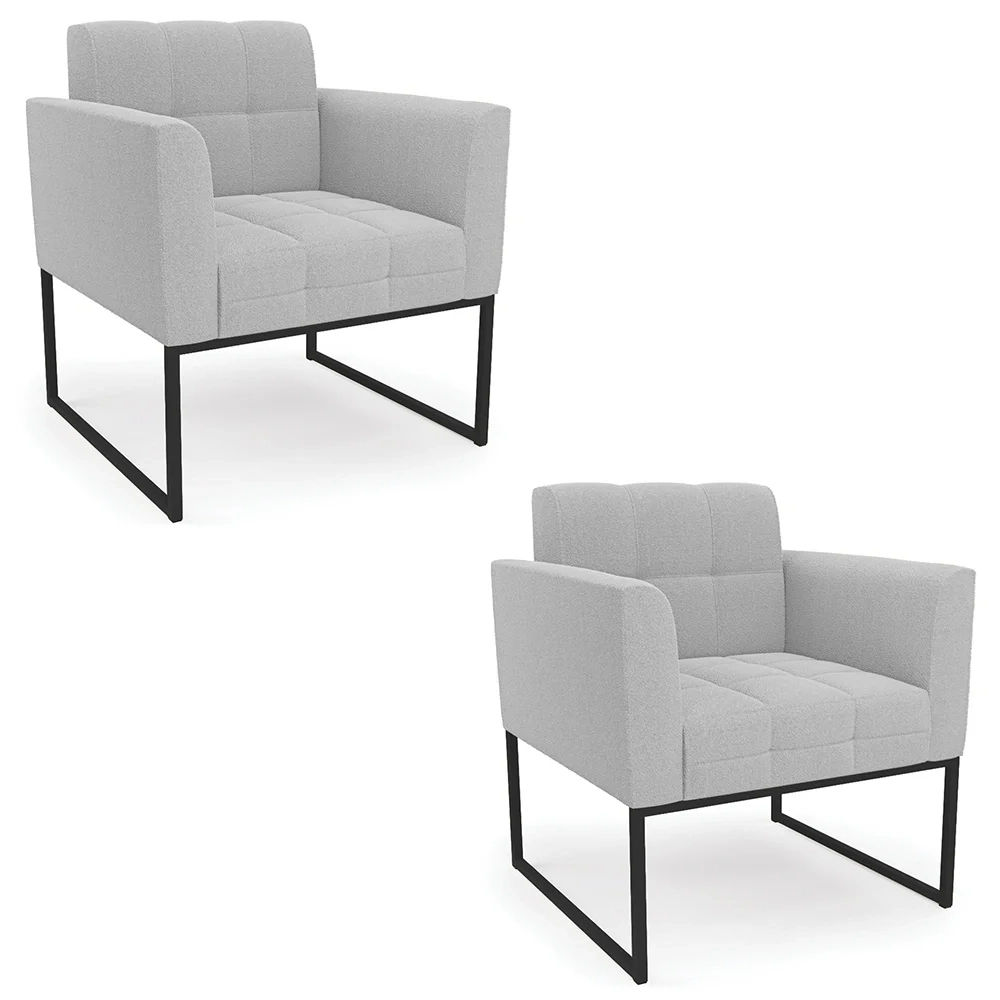 Poltrona Sala Base Industrial Preto Kit 2 Ana Boucle Cinza - Ibiza