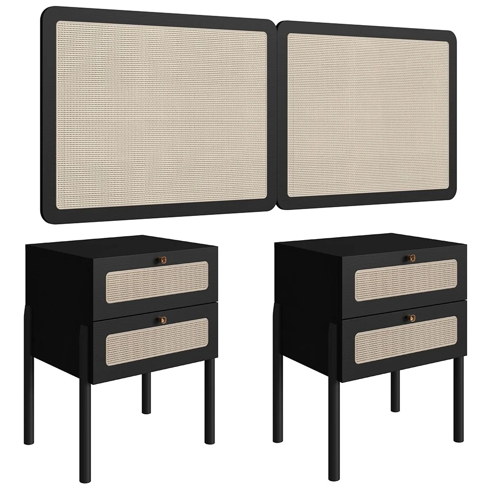 Cabeceira Casal Queen e 2 Mesas Pés Madeira Arlo A10 Nero/Preto - Mpozenato