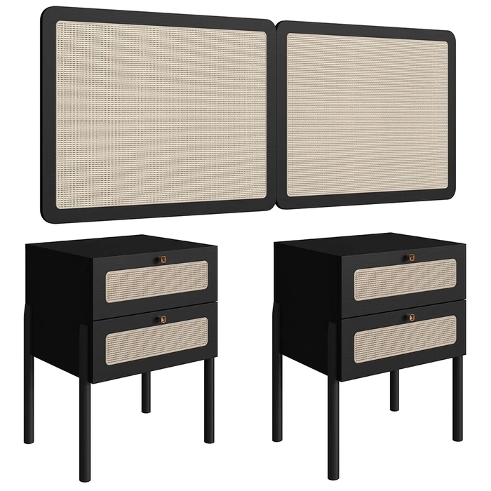 Cabeceira Casal Queen e 2 Mesas Pés Madeira Arlo A10 Nero/Preto - Mpozenato