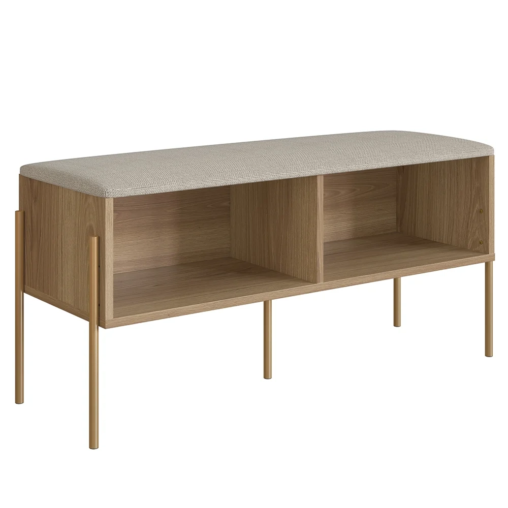 Banco Sapateira Estofada Para Quarto Pé Metal Arlo A10 Hanover/Dourado - Mpozenato