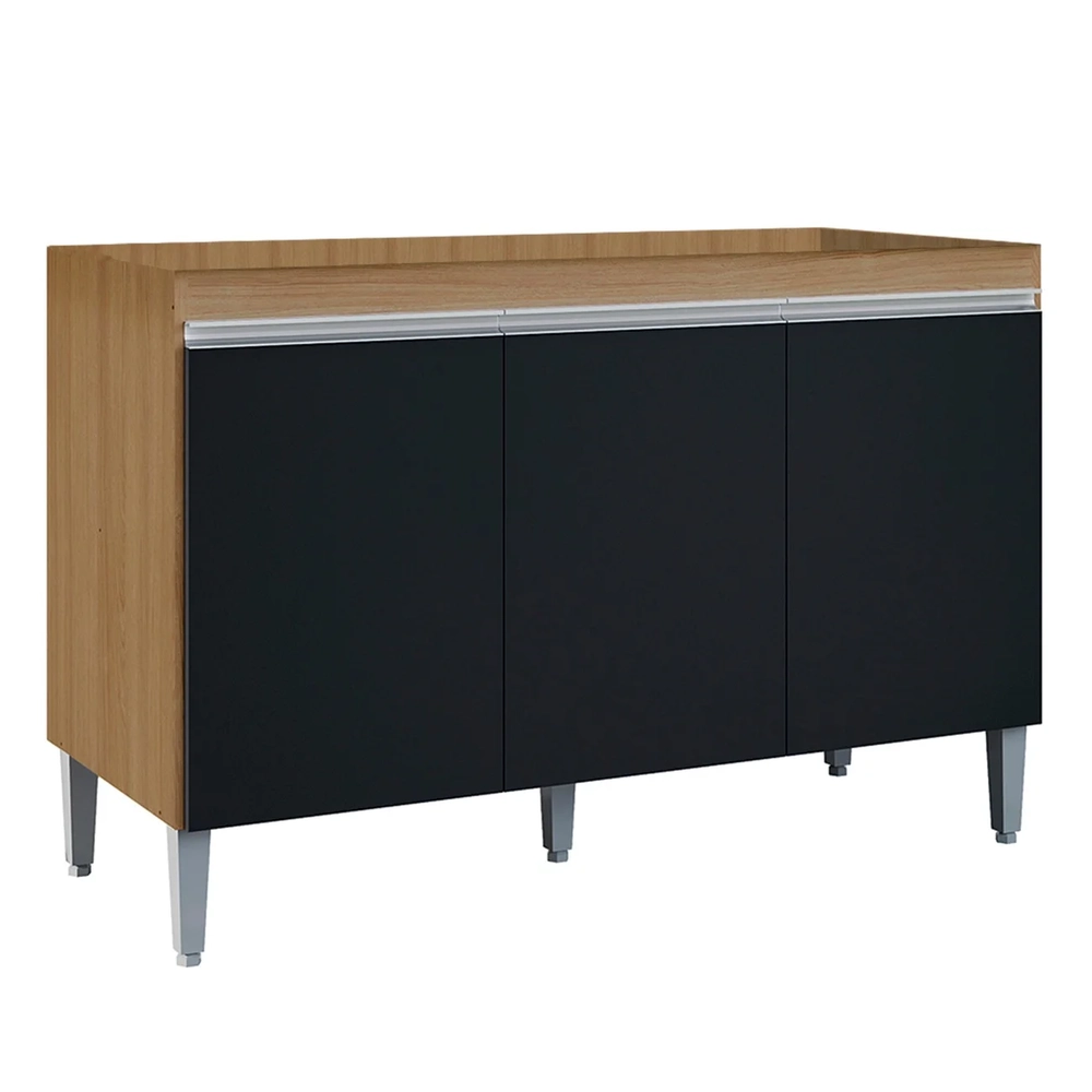 Balcão de Cozinha Para Pia 120cm Sem Tampo Manu Preto/Amêndoa - AJL Móveis