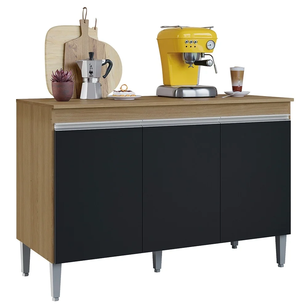 Balcão de Cozinha Com Tampo 120cm Manu Preto/Amêndoa - AJL Móveis