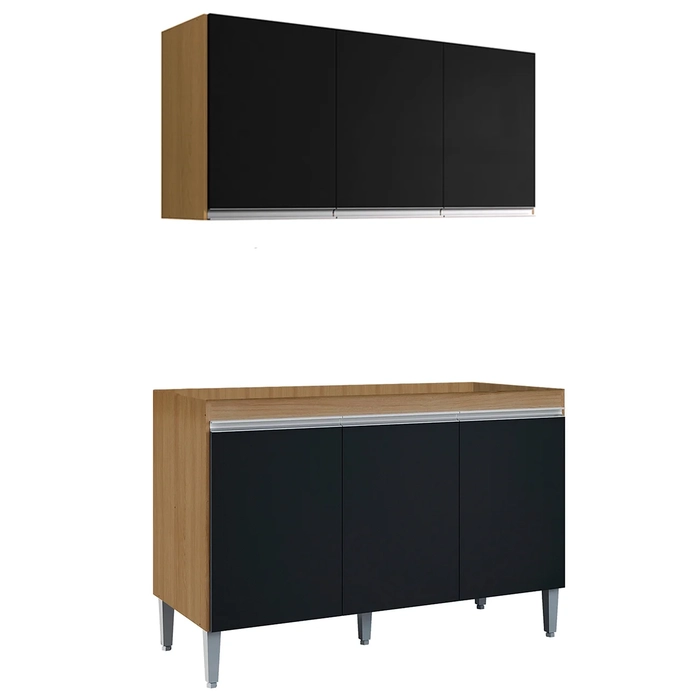 Armário Andréia e Balcão Sem Tampo 120cm Manu Preto/Amêndoa - AJL Móveis