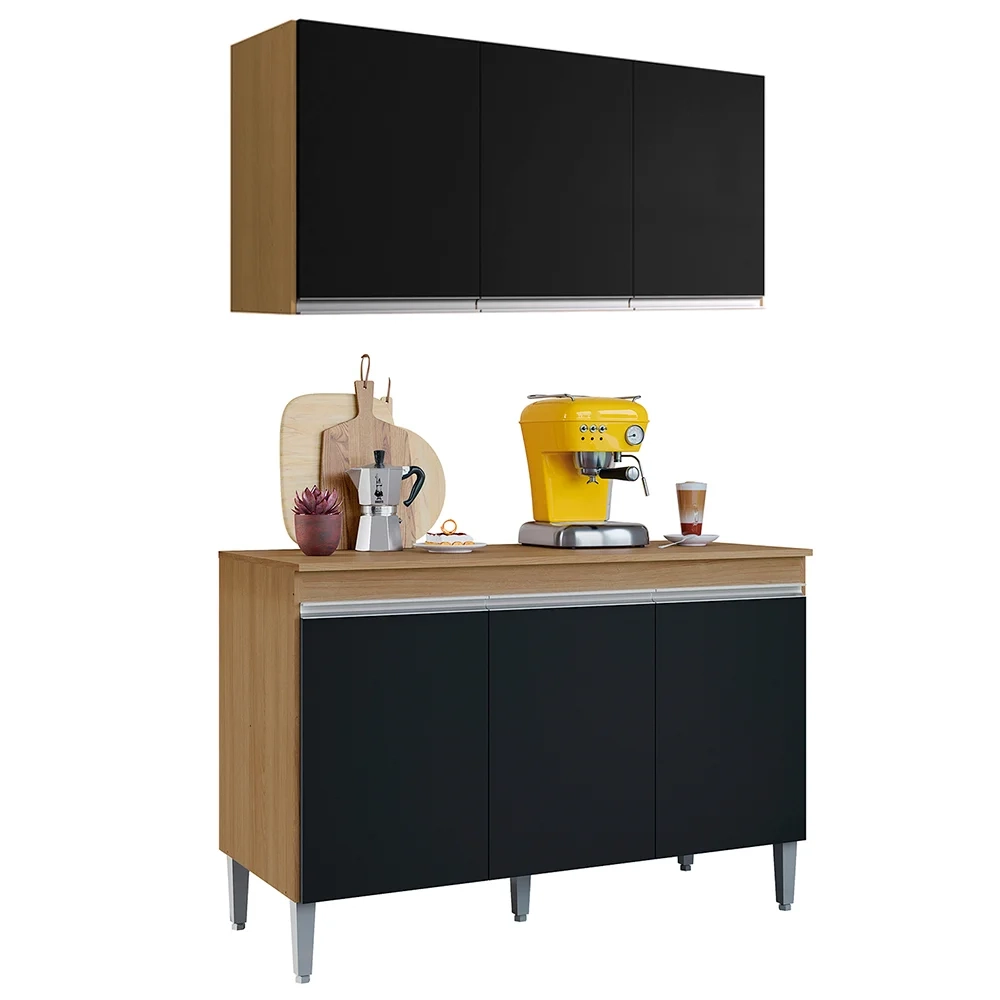 Armário Andréia e Balcão Com Tampo 120cm Manu Preto/Amêndoa - AJL Móveis