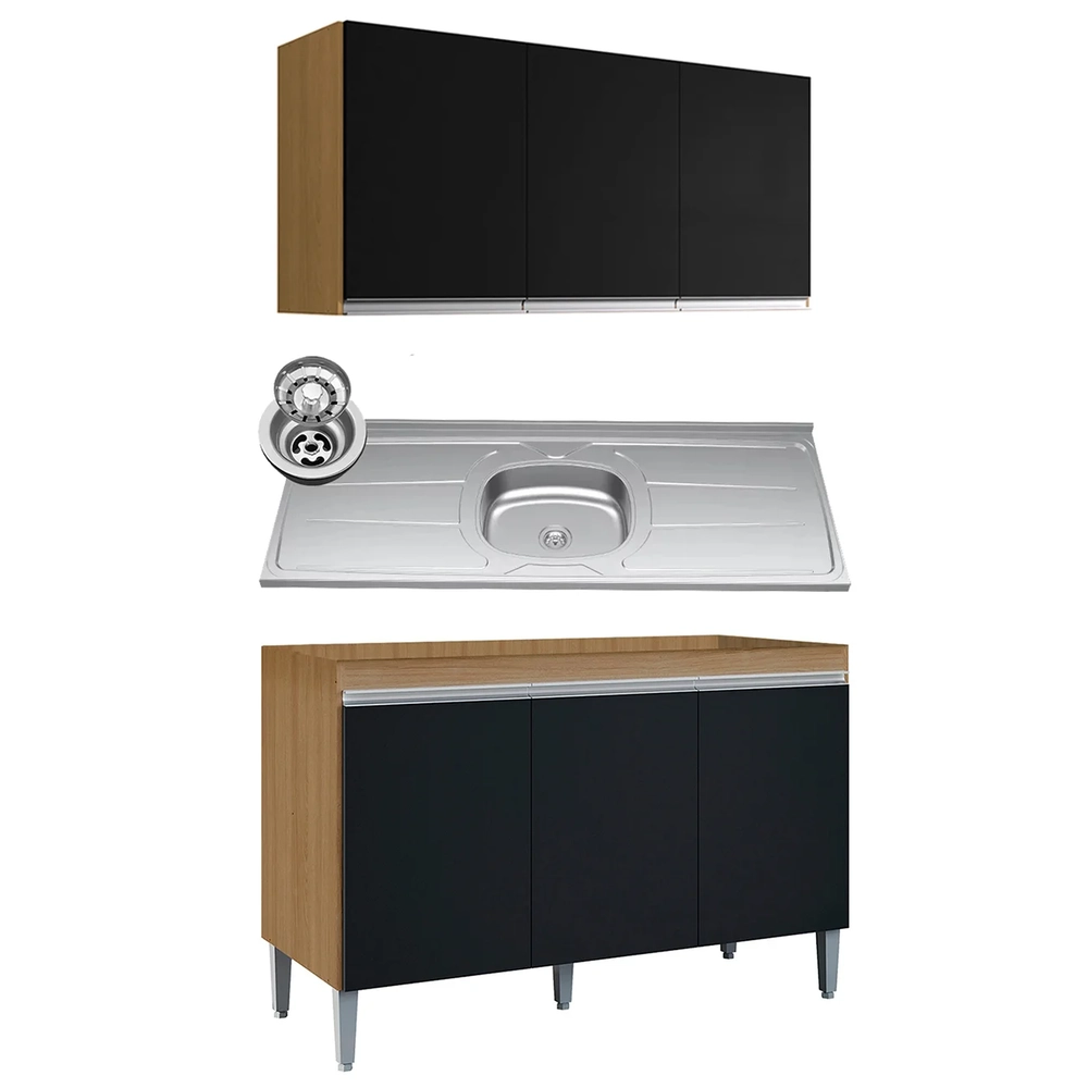 Armário Andréia e Balcão Com Pia 120cm Manu Preto/Amêndoa - AJL Móveis