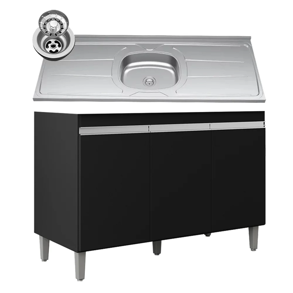 Balcão de Cozinha Com Pia Inox 120cm 3 Portas Manu Preto - AJL Móveis
