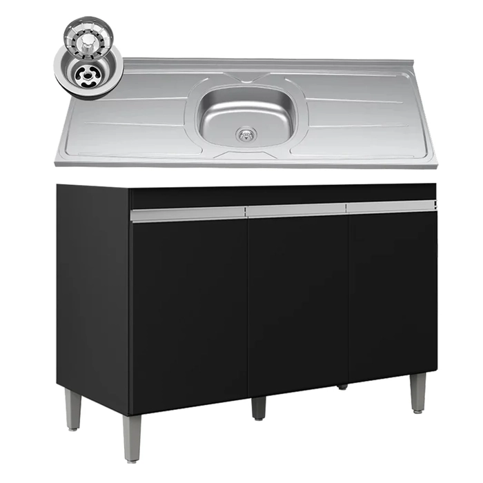 Balcão de Cozinha Com Pia Inox 120cm 3 Portas Manu Preto - AJL Móveis