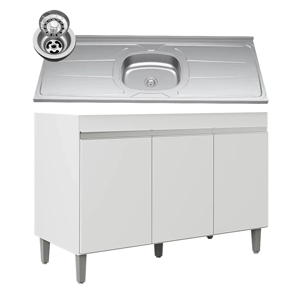 Balcão de Cozinha Com Pia Inox 120cm 3 Portas Manu Branco - AJL Móveis