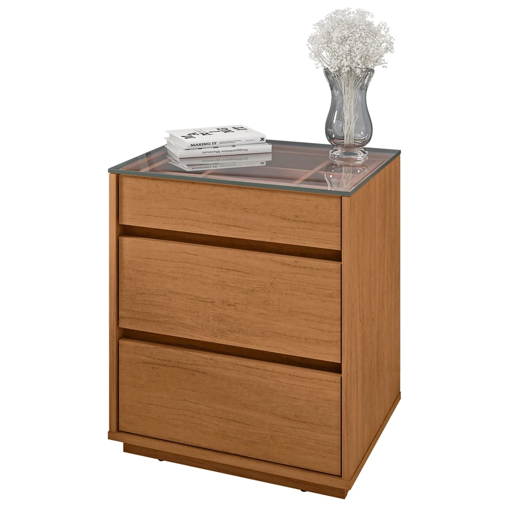 Mesa de Cabeceira 3 Gavetas Tampo de Vidro Belize C14 Cedro - Mpozenato