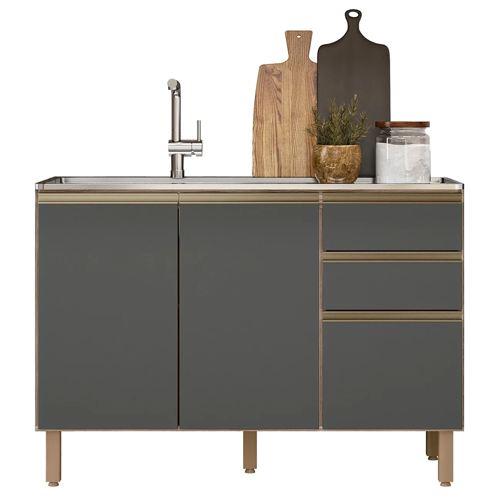 Balcão de Cozinha Com Pia Inox 120cm Maly N03 Carvalho/Grafite - Mpozenato