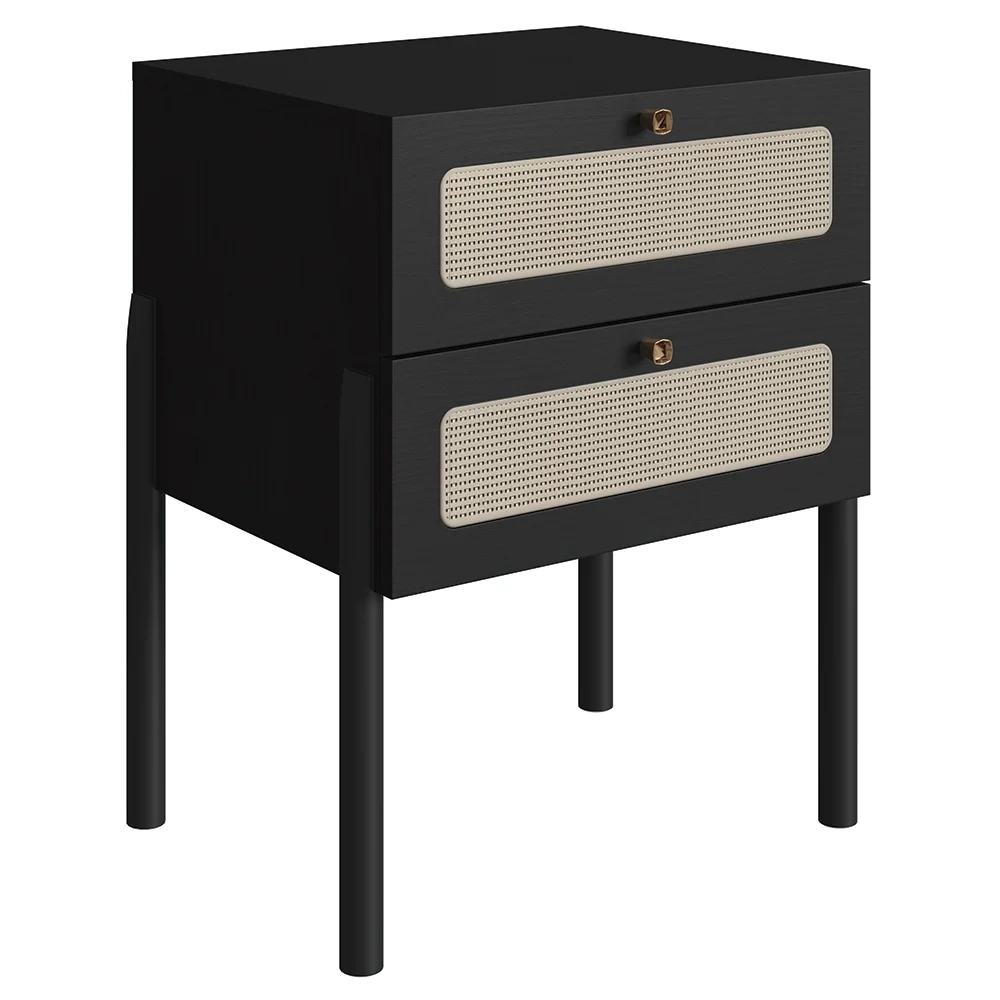 Mesa de Cabeceira Com 2 Gavetas Pés Madeira Arlo A10 Nero/Preto - Mpozenato