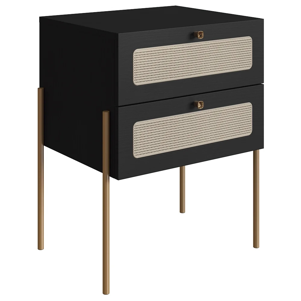 Mesa de Cabeceira Com 2 Gavetas Pé Metal Arlo A10 Nero/Dourado - Mpozenato