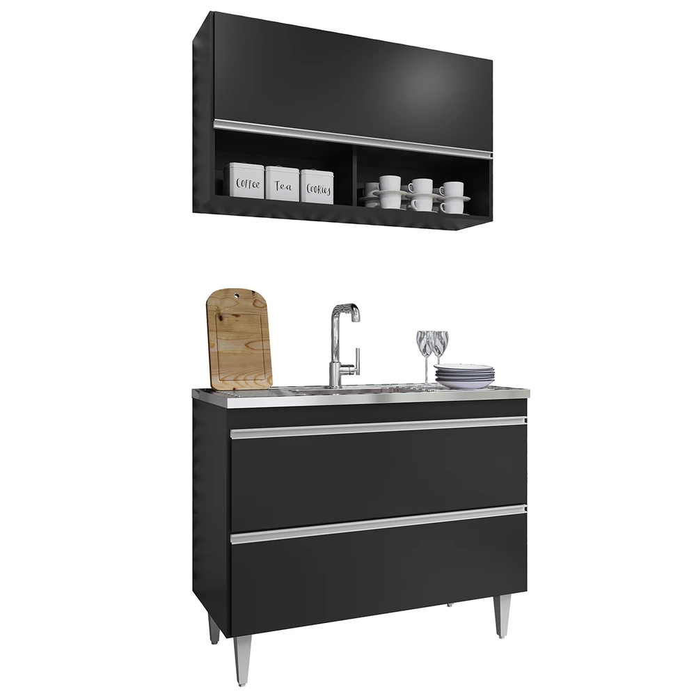 Armário de Cozinha Com Nichos CP01 Com Pia 100cm Z34 Preto  - Mpozenato