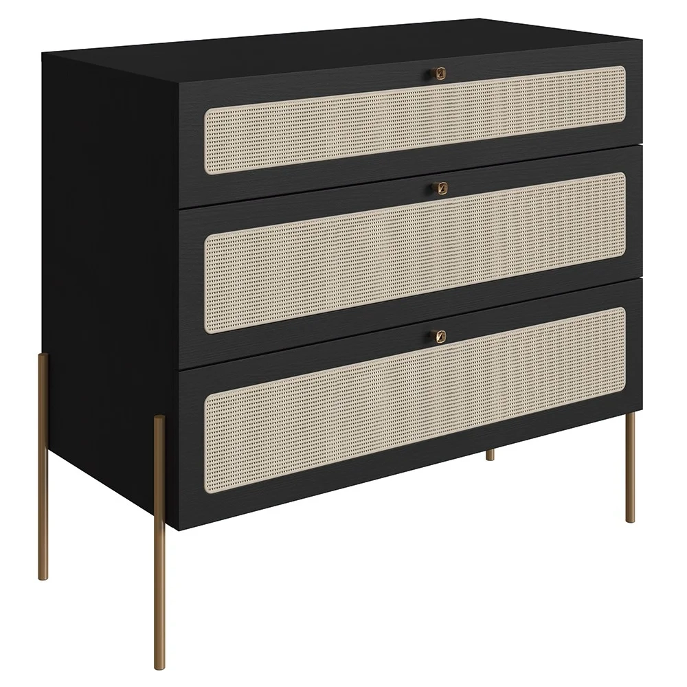 Cômoda Para Quarto 3 Gavetas Pé Metal Arlo A10 Nero/Dourado - Mpozenato