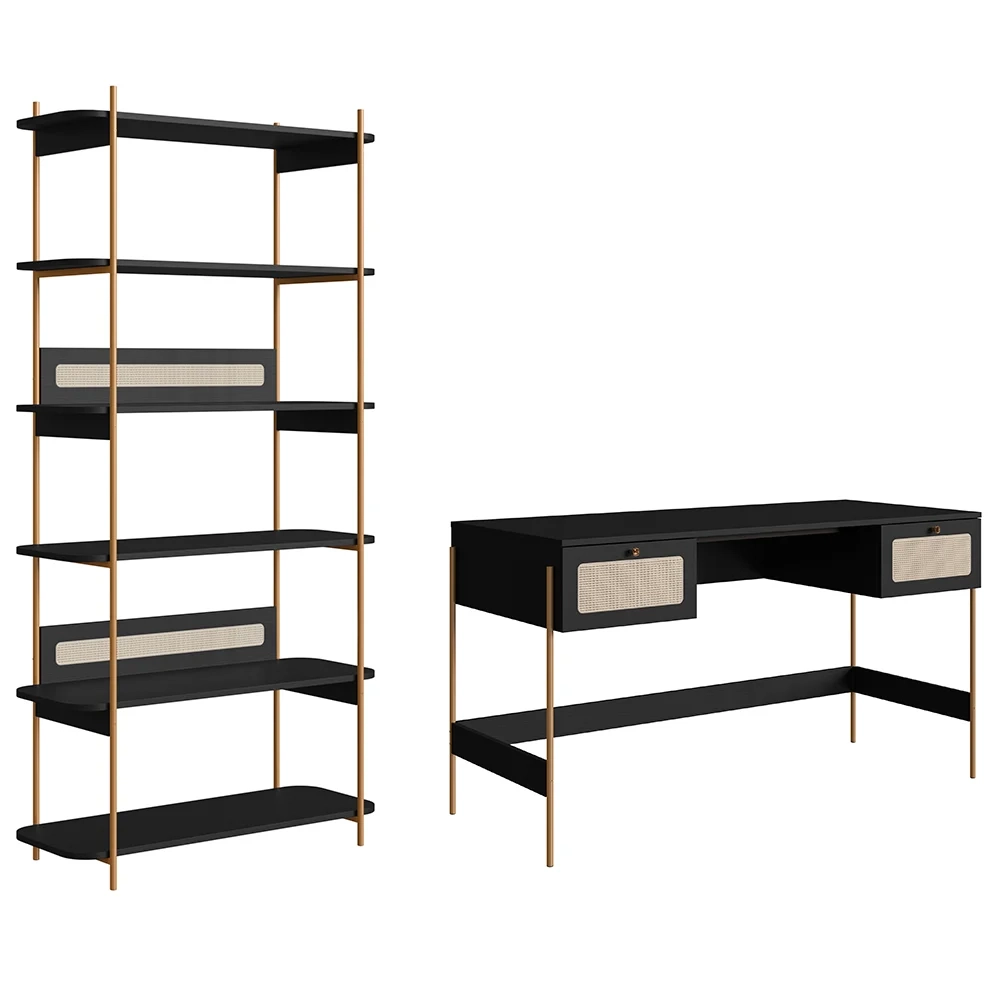 Mesa Escrivaninha e Estante Pé Metal Arlo A10 Nero/Dourado - Mpozenato