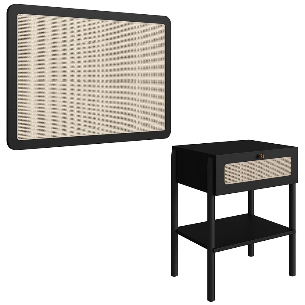 Cabeceira Solteiro 90cm e Mesa 1 Gaveta Arlo A10 Nero/Preto - Mpozenato