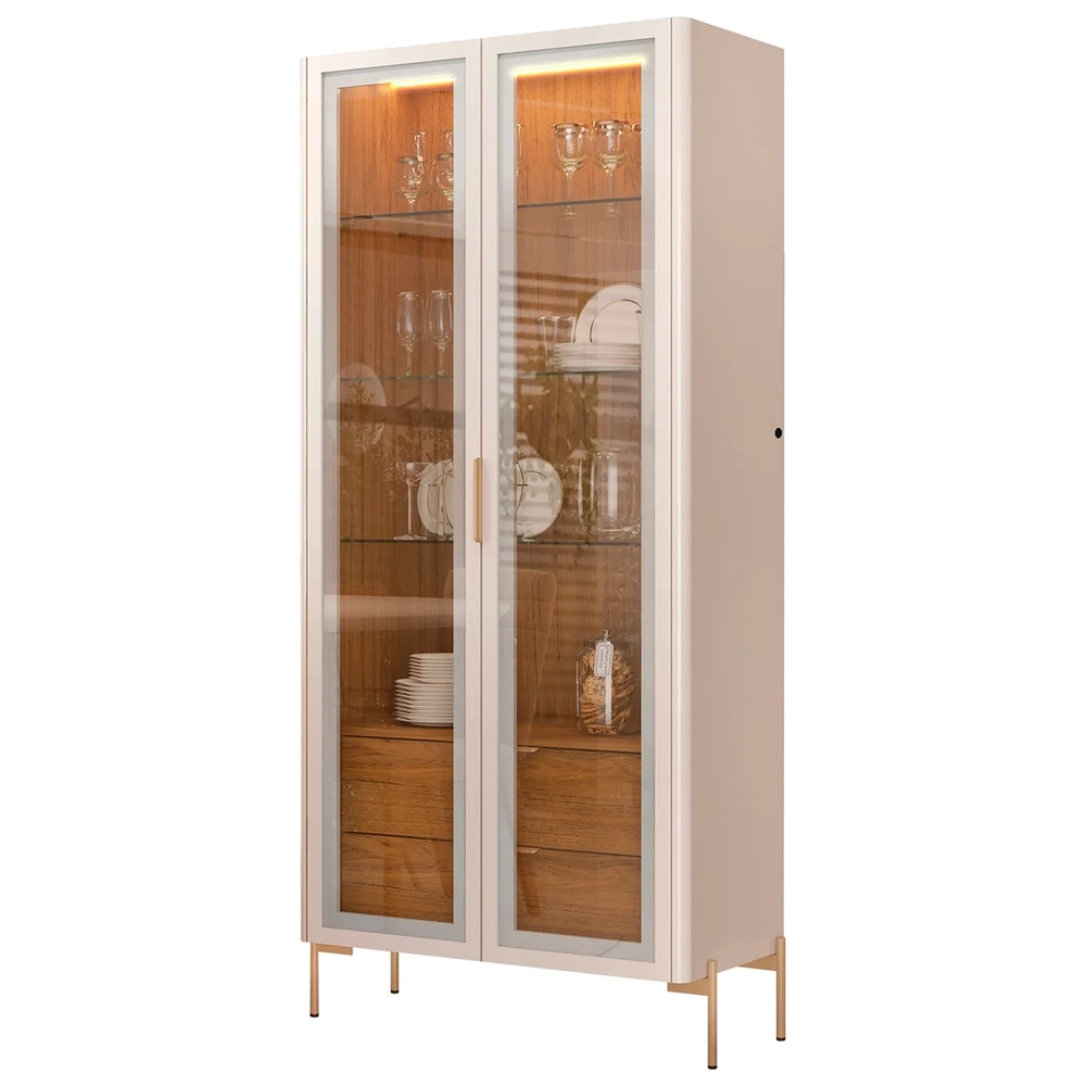 Cristaleira Portas de Vidro Com LED Amelia 80cm D04 Freijó/Off - Mpozenato