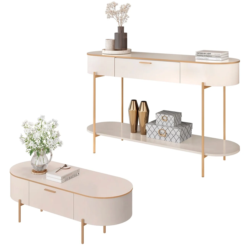 Aparador de Sala Jaspe e Mesa de Centro Clover Off White - Mpozenato