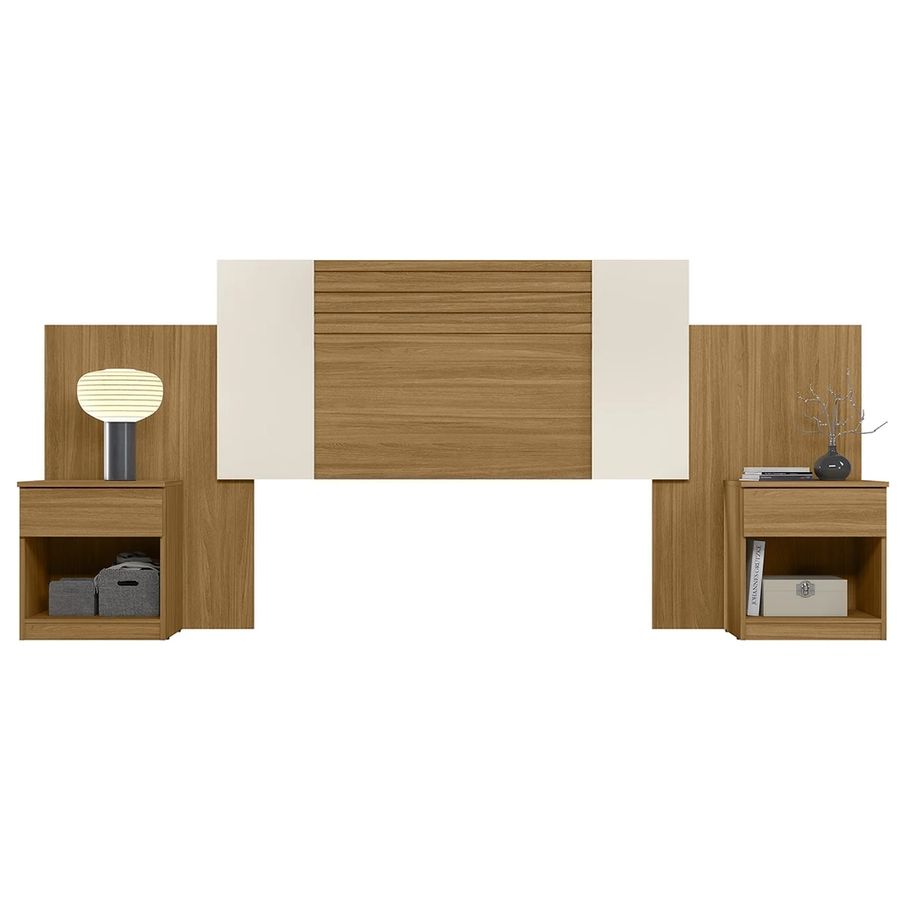 Cabeceira Casal Extensível e Mesas Cany Flex Z17 Off/Cinza/Freijó - Mpozenato