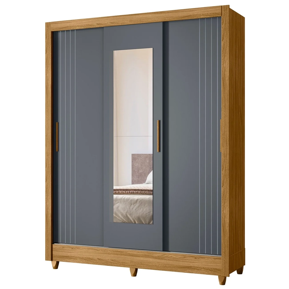 Guarda Roupa Solteiro Espelho 3 Portas Viena Z17 Freijó/Cinza - Mpozenato