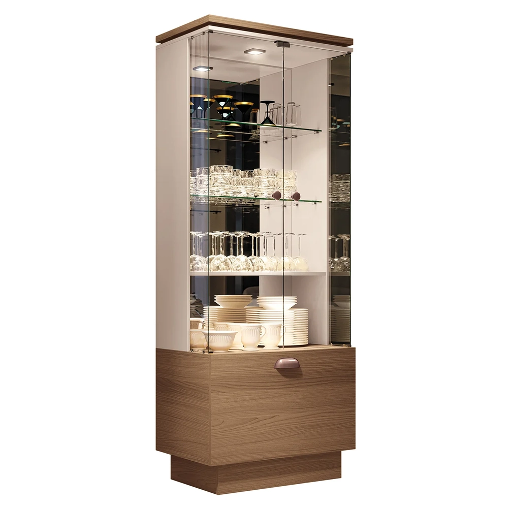 Cristaleira Portas de Vidro com Espelho Aruan H01 Off/Castanho - Mpozenato