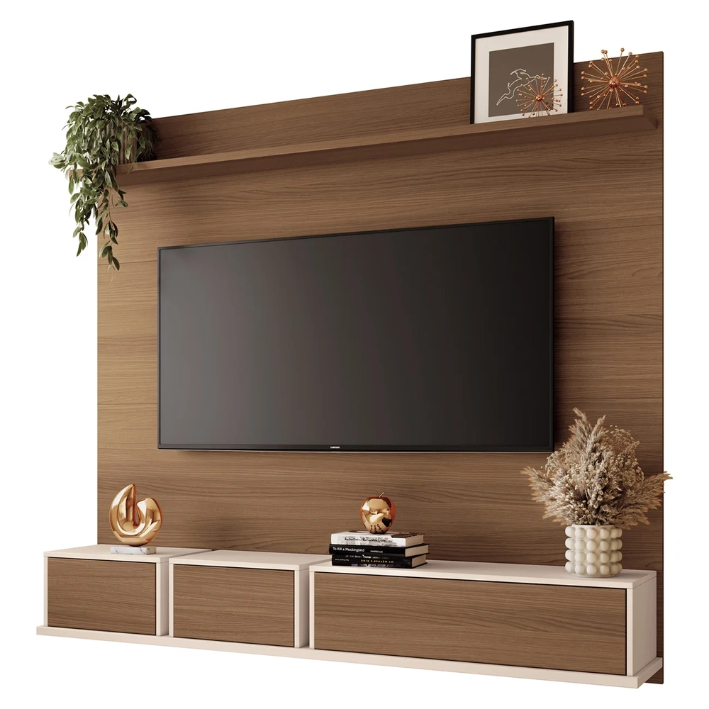 Painel TV 70 Pol 180cm Bancada Suspensa Mone H01 Off/Castanho - Mpozenato